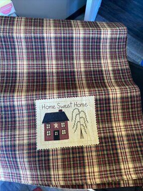 Home Sweet Home Plaid Table Runner With Embroidered House & Tree Design Rustic C